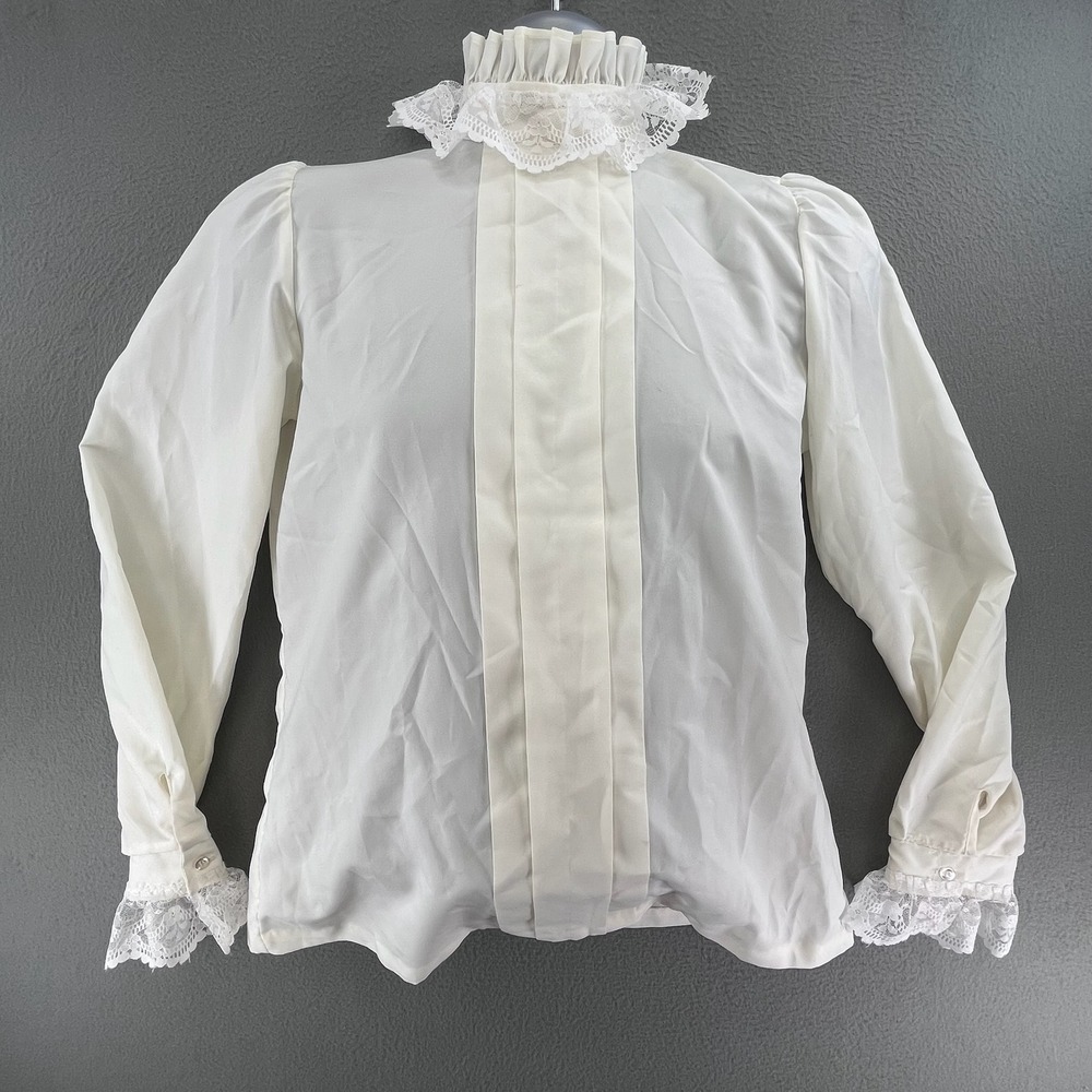 Lucky Winner Women Blouse Ivory Polyester Size 14 Vintage Victorian Lace Ruffle